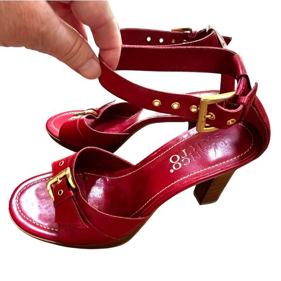 Franco Sarto red leather platform high heels sandals gold buckles US 8M - Picture 12 of 12
